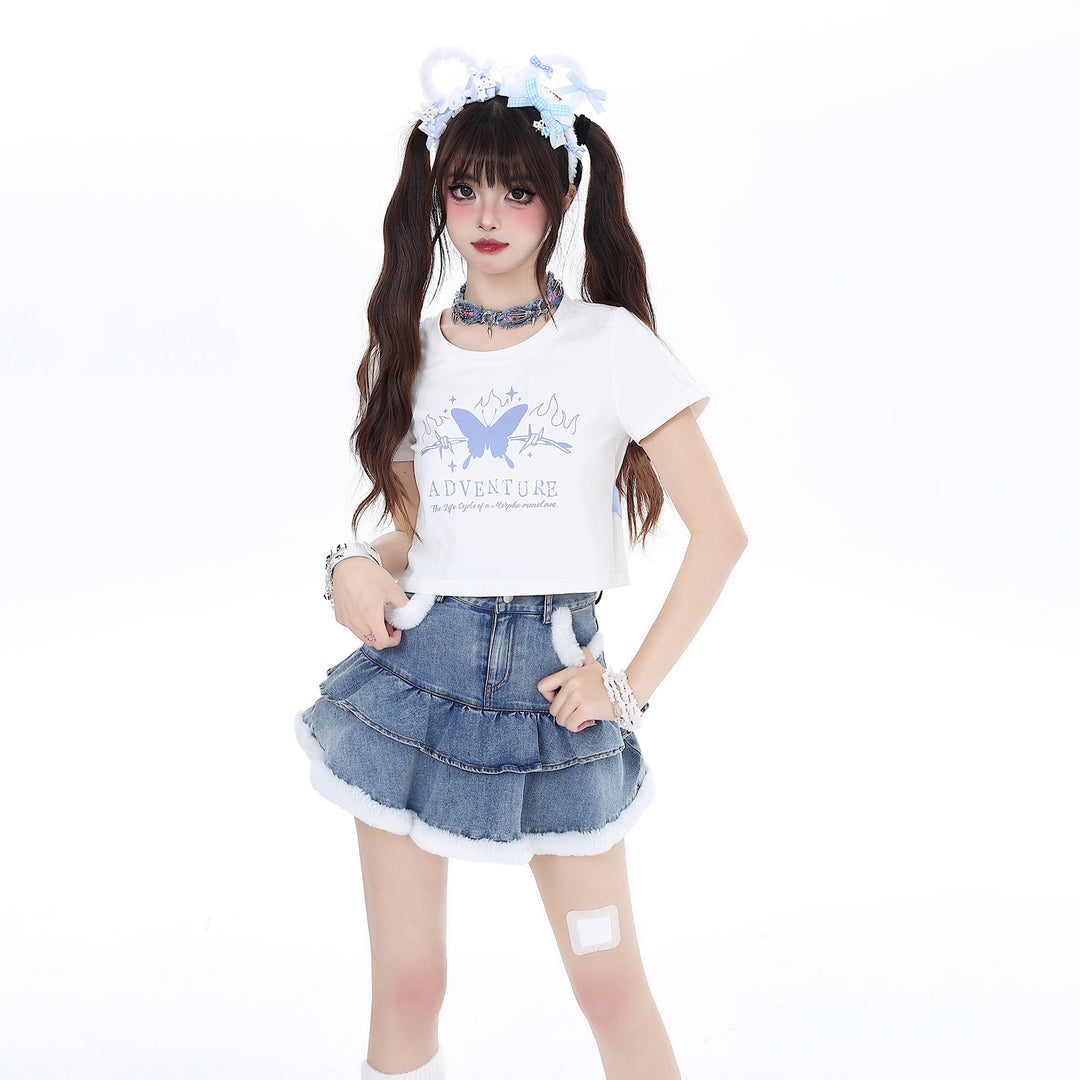 White Blue Butterfly Letters Printed Summer T-shirt