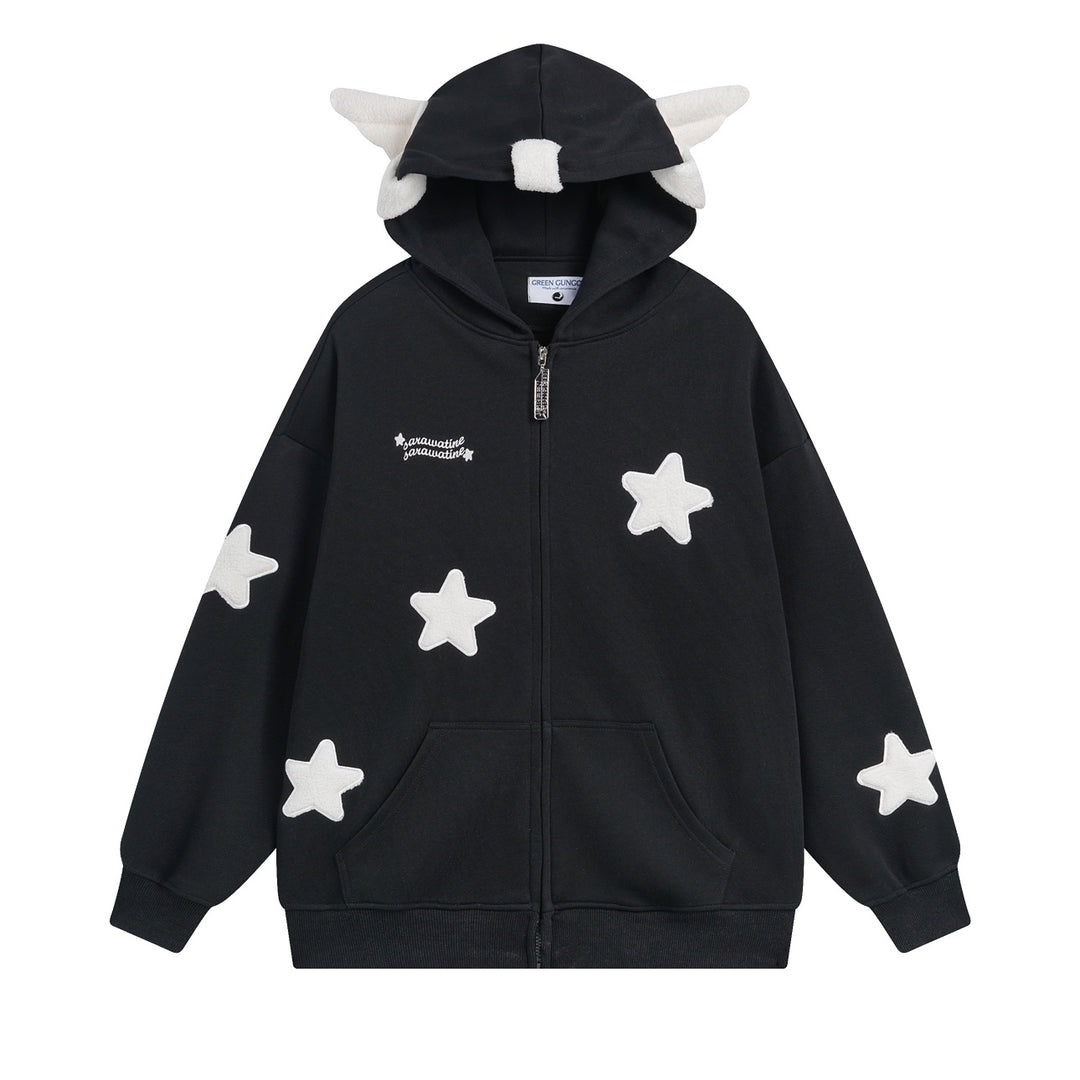 Star Wings Print Zipper Sweatshirt with Pocket