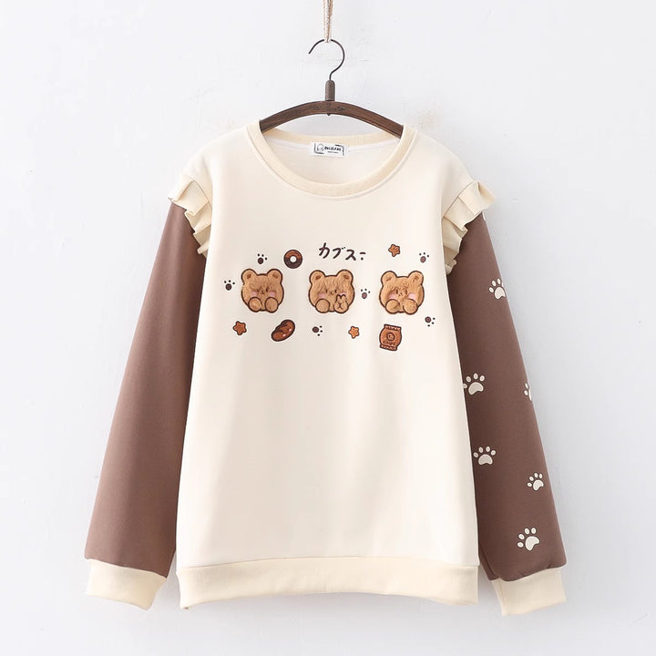 Cartoon Bear Round Neck Thick Hoodie
