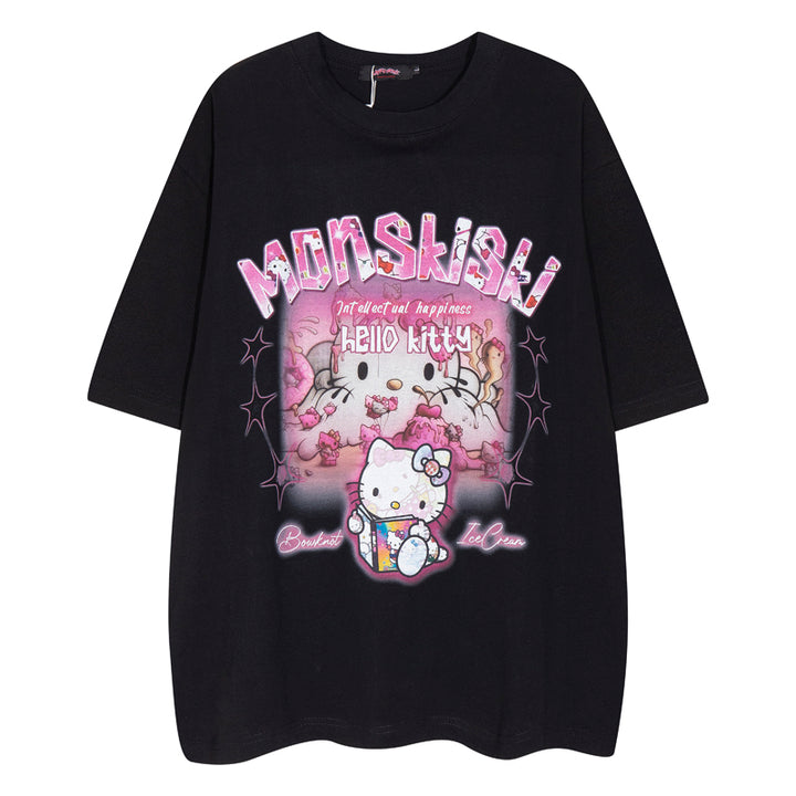 Street-style Cartoon Cat Loose Short Sleeve Cotton T-shirt