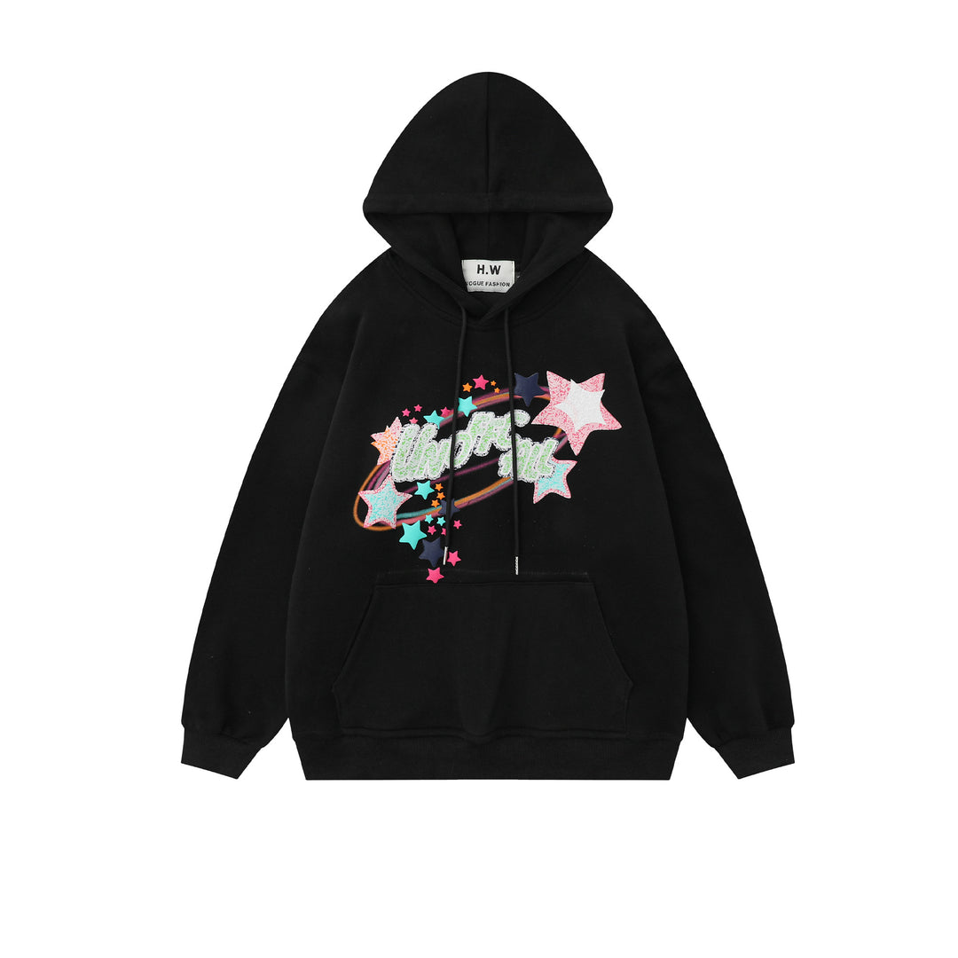 Star-printed hooded loose sweatshirt for spring autumn