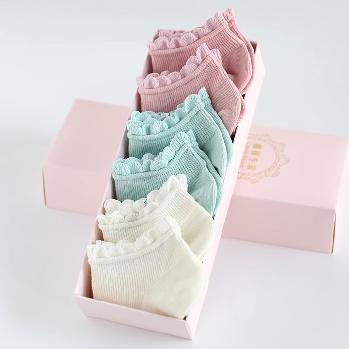 Lace Trim Spring/Summer Cotton Socks 6 Pairs/set