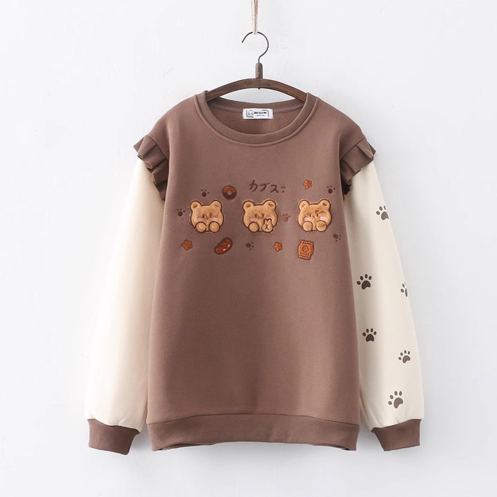 Cartoon Bear Round Neck Thick Hoodie