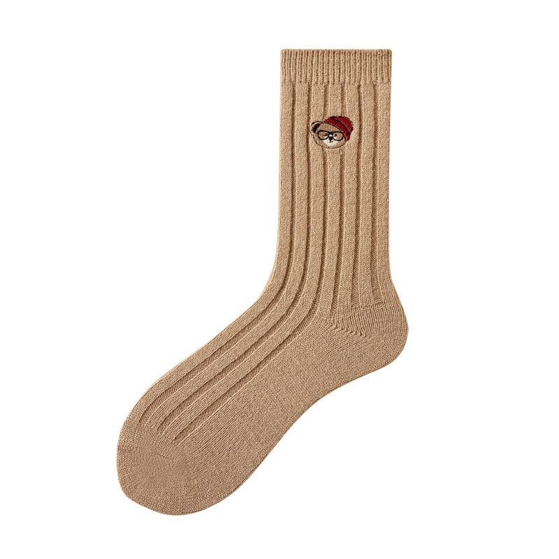 Cartoon Bear Embroidery Solid Color Thick Wool Socks