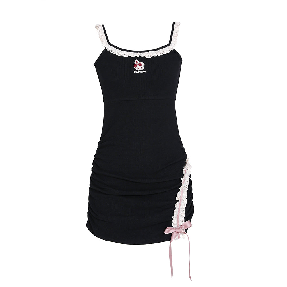 Rabbit Embroidery Waist Slimming Lace Strap Dress