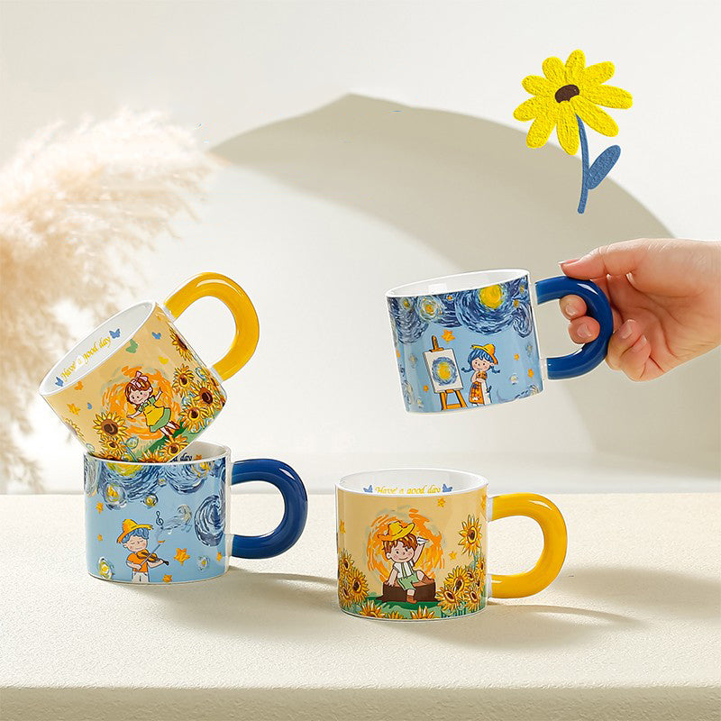 Van Gogh Sunflower Starry Sky Pattern Ceramic Cup
