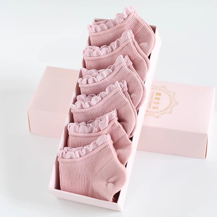 Lace Trim Spring/Summer Cotton Socks 6 Pairs/set
