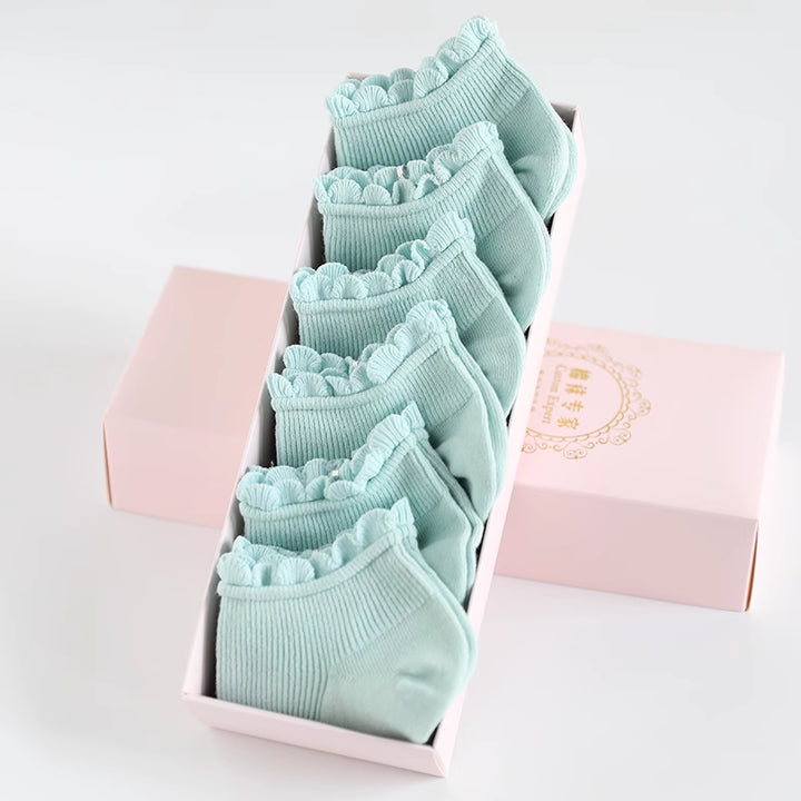 Lace Trim Spring/Summer Cotton Socks 6 Pairs/set