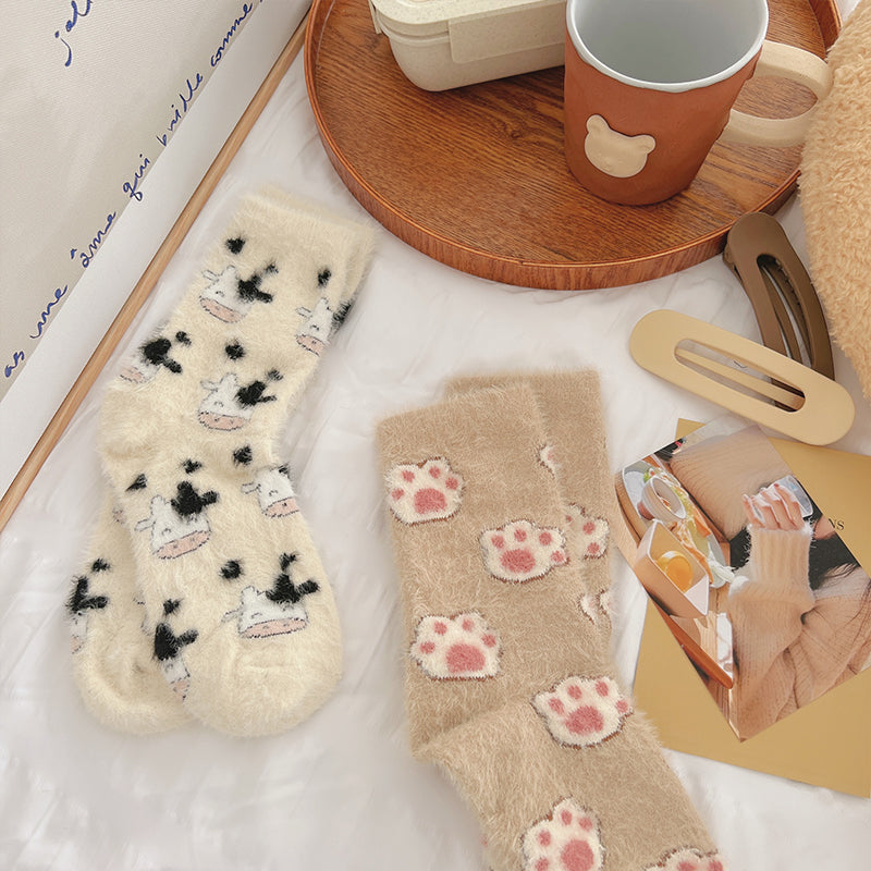 Cute Cartoon Coral Fleece Thickened Winter Socks 2 Pairs/set