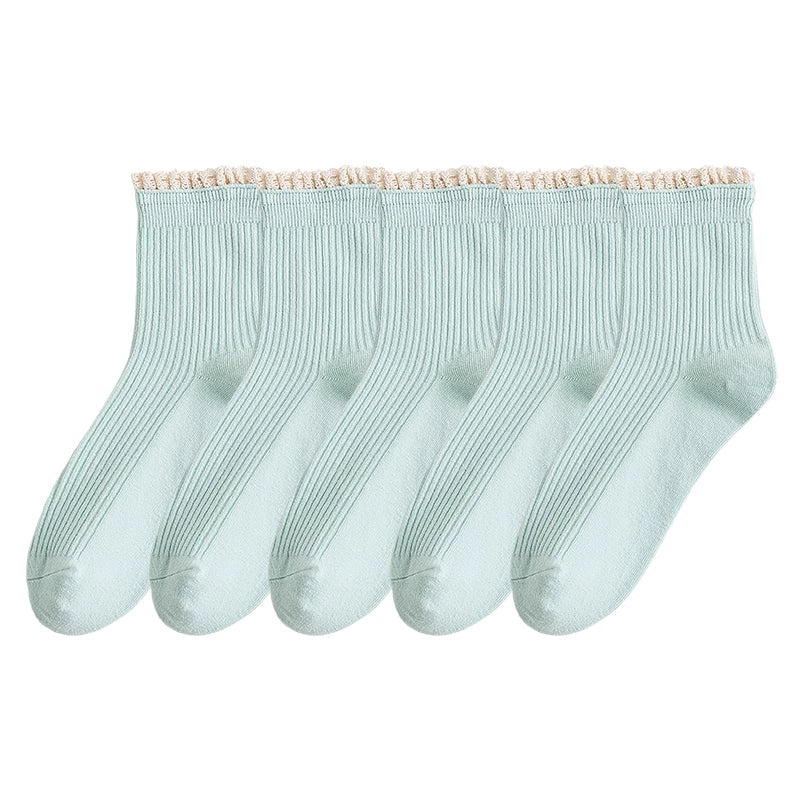 Lace Edged Autumn Winter Cotton Socks 5 Pairs / Set