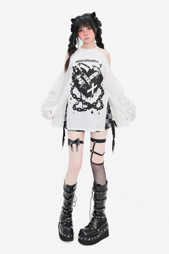 Split-Side Loose Off-Shoulder Long-Sleeve T-Shirt