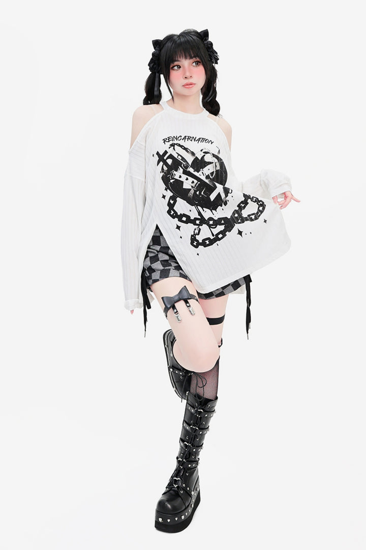 Split-Side Loose Off-Shoulder Long-Sleeve T-Shirt