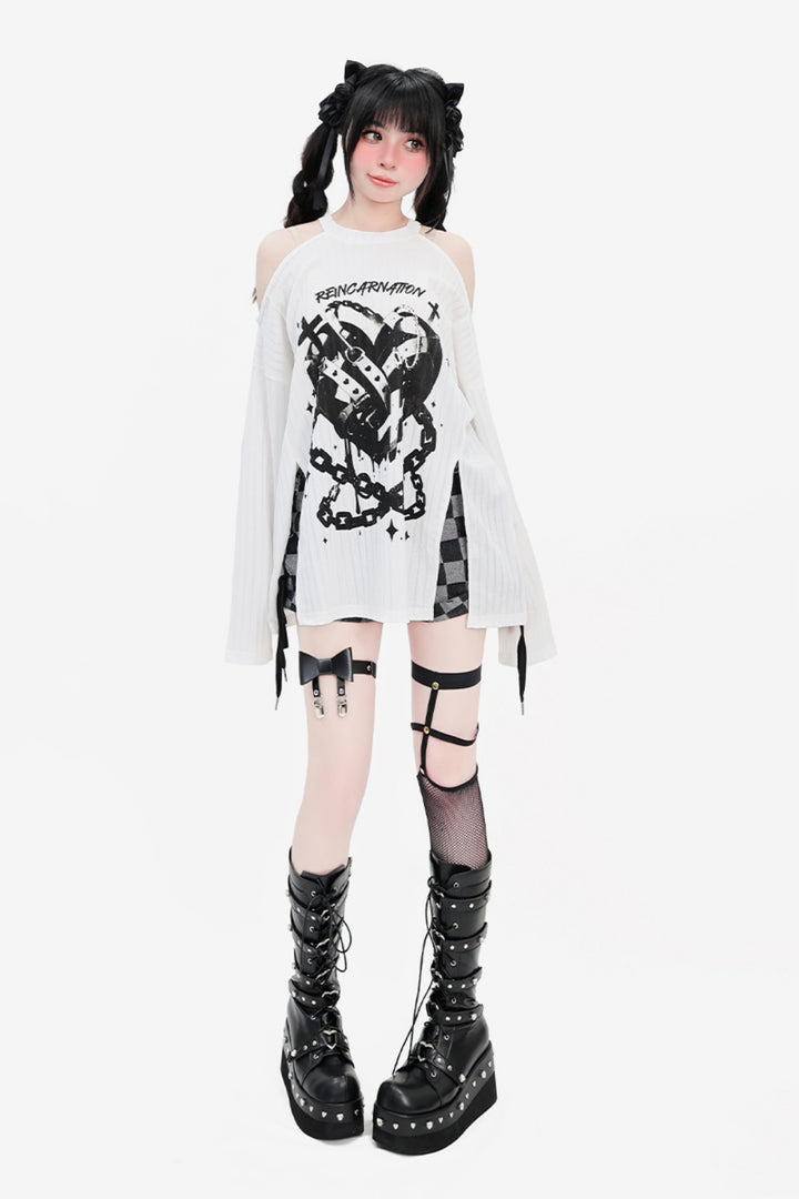 Split-Side Loose Off-Shoulder Long-Sleeve T-Shirt