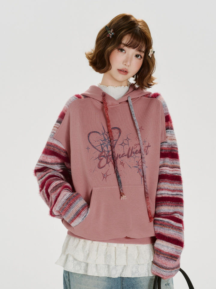 Striped Knit Sleeve Hoodie with Heart Print