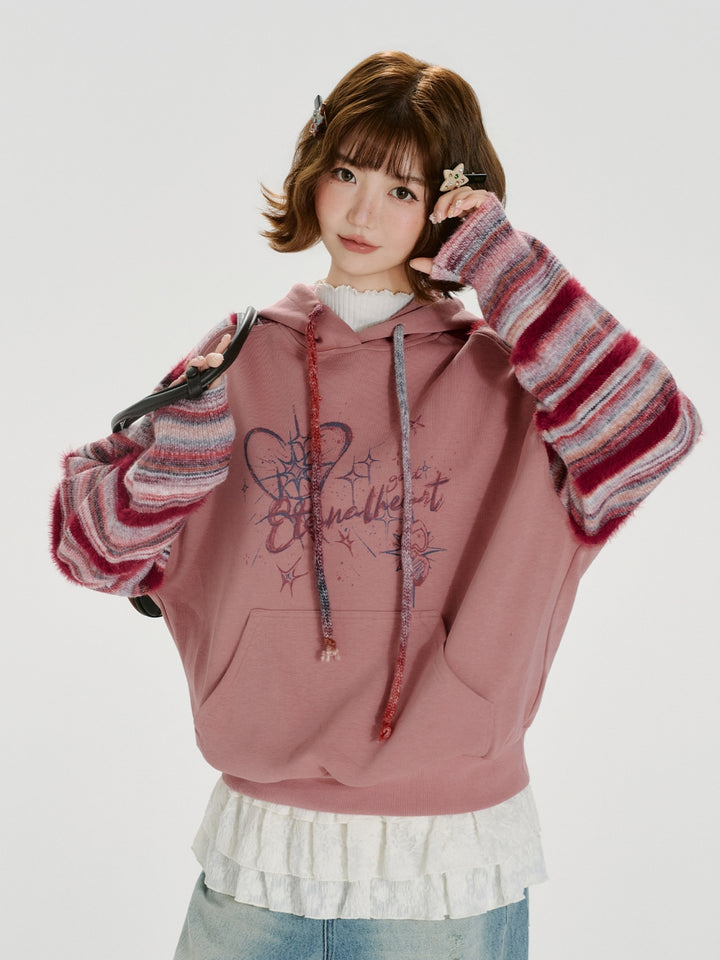 Striped Knit Sleeve Hoodie with Heart Print