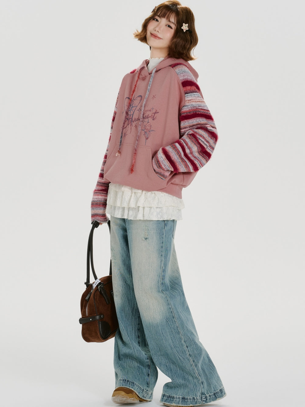 Striped Knit Sleeve Hoodie with Heart Print