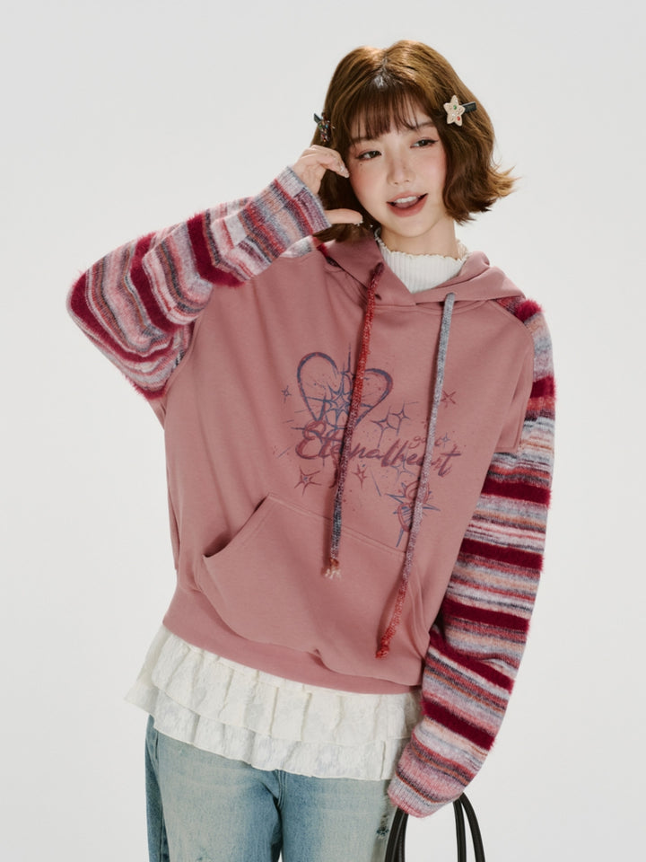 Striped Knit Sleeve Hoodie with Heart Print
