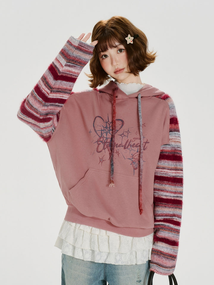 Striped Knit Sleeve Hoodie with Heart Print
