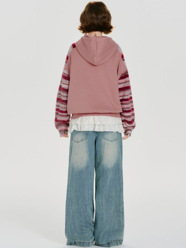 Striped Knit Sleeve Hoodie with Heart Print