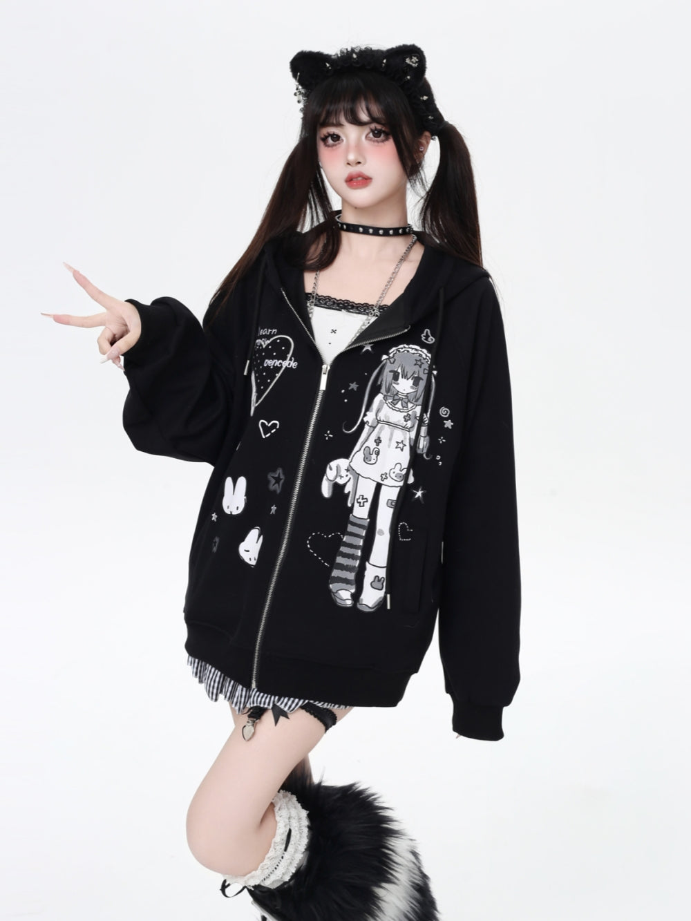 Sweet Y2K Anime Girl Graphic Zip-Up Hoodie