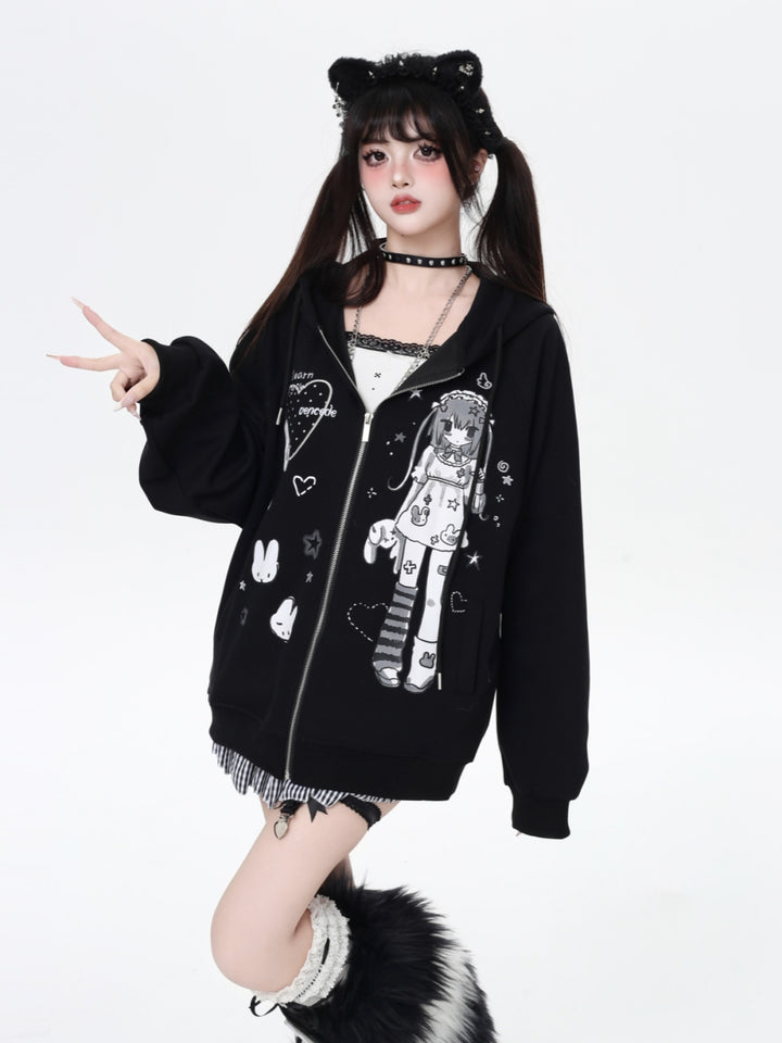 Sweet Y2K Anime Girl Graphic Zip-Up Hoodie