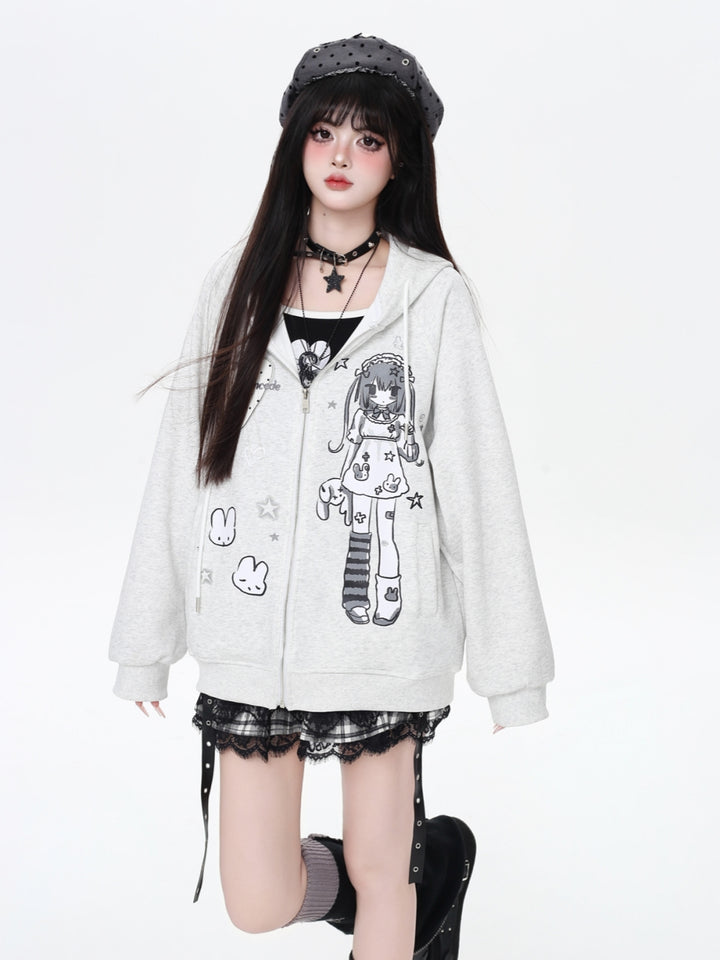 Sweet Y2K Anime Girl Graphic Zip-Up Hoodie