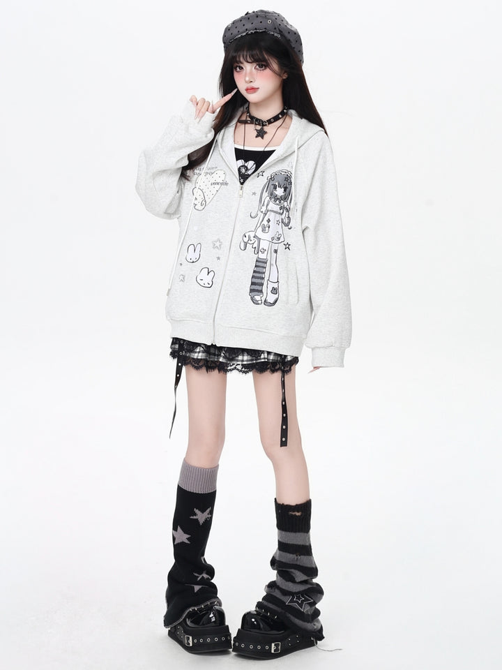Sweet Y2K Anime Girl Graphic Zip-Up Hoodie