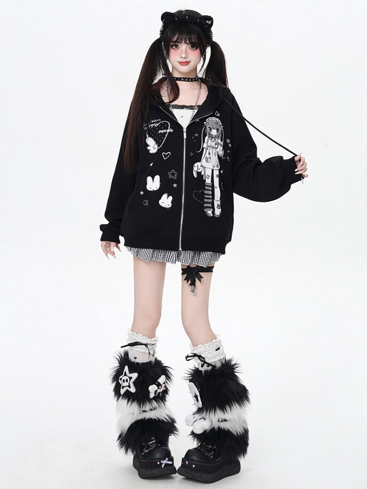 Sweet Y2K Anime Girl Graphic Zip-Up Hoodie