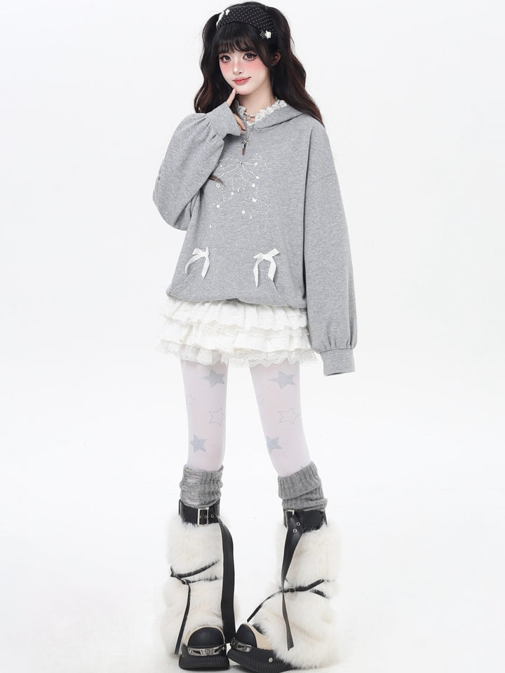Sweet Y2K Bow & Lace Trim Hoodie