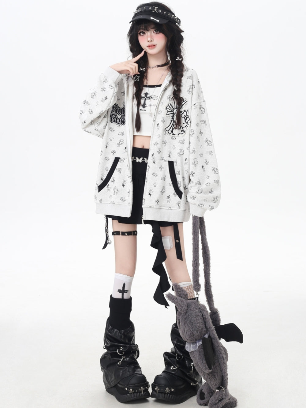 Sweet Y2K Kitten Print Zip-Up Hoodie