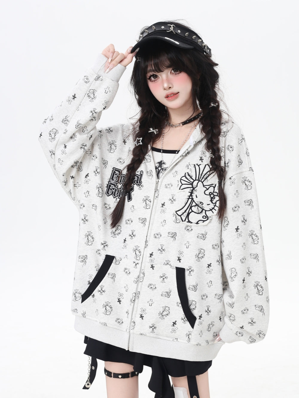 Sweet Y2K Kitten Print Zip-Up Hoodie
