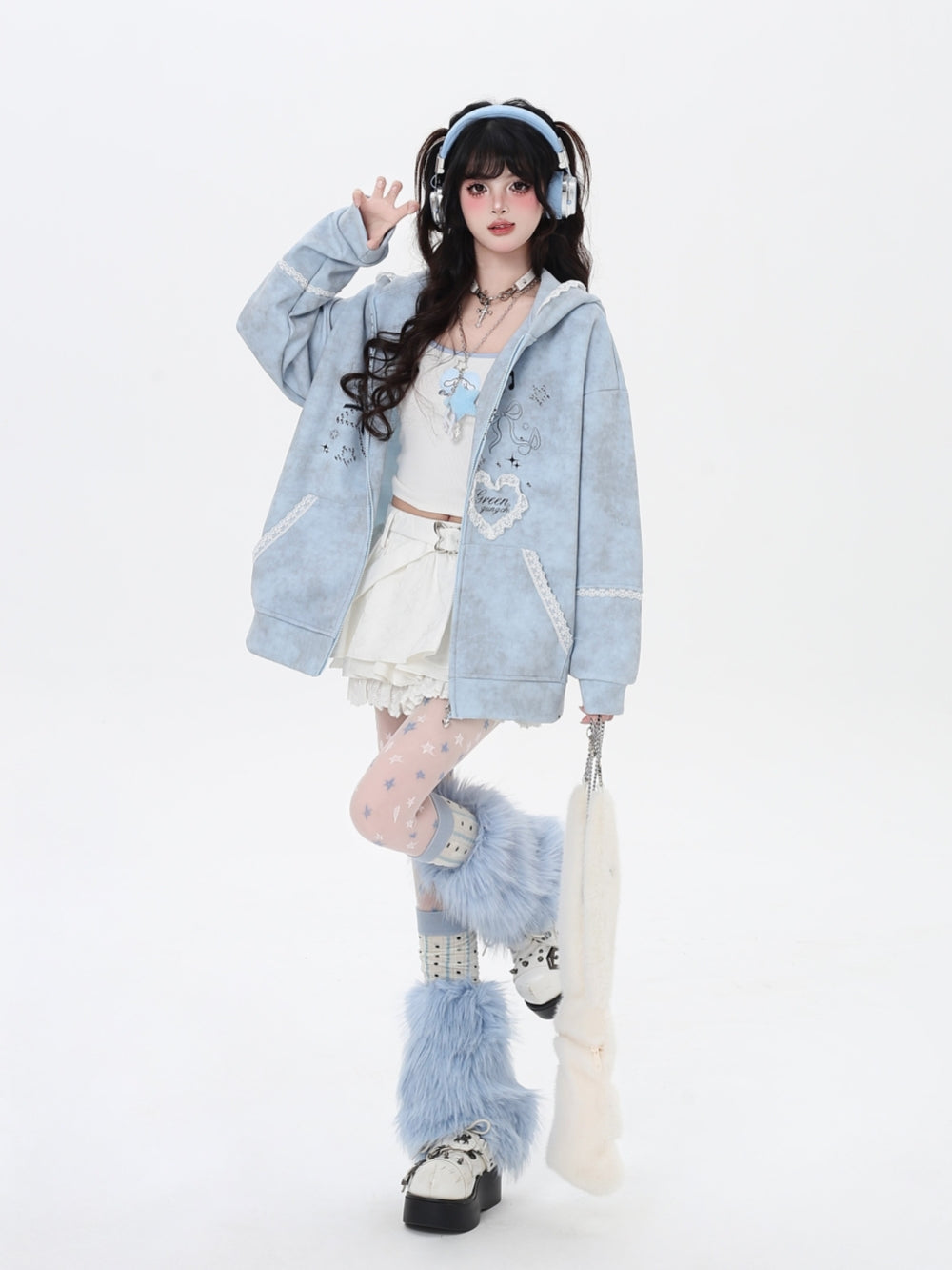 Women's Bunny Ears Hooded Zip Baby blue Jacket