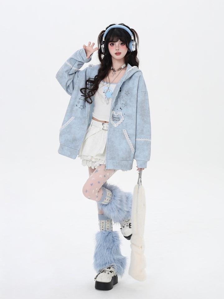 Women's Bunny Ears Hooded Zip Baby blue Jacket