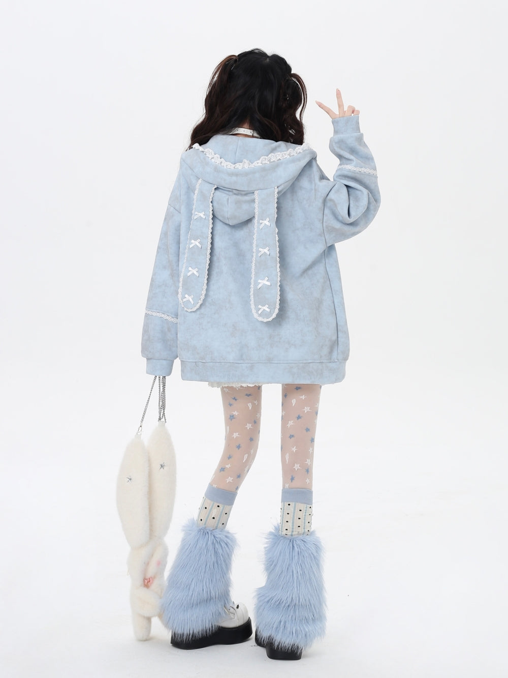 Women's Bunny Ears Hooded Zip Baby blue Jacket