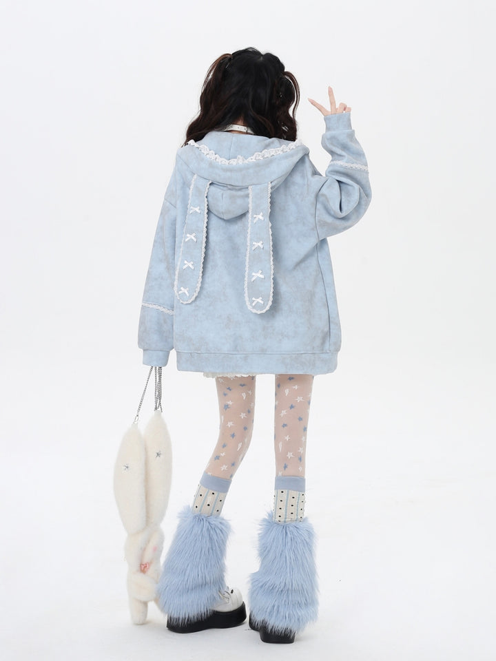 Women's Bunny Ears Hooded Zip Baby blue Jacket