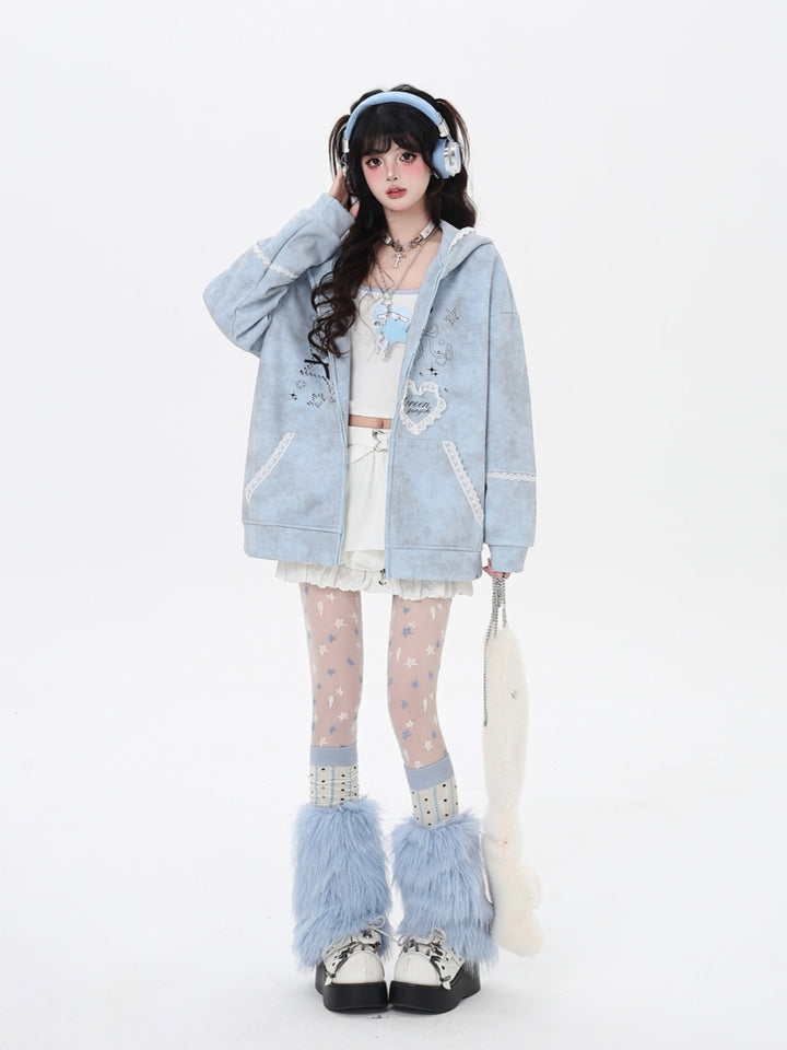 Women's Bunny Ears Hooded Zip Baby blue Jacket