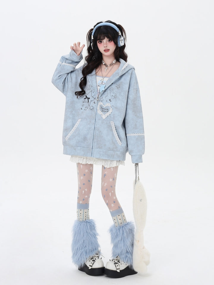 Women's Bunny Ears Hooded Zip Baby blue Jacket