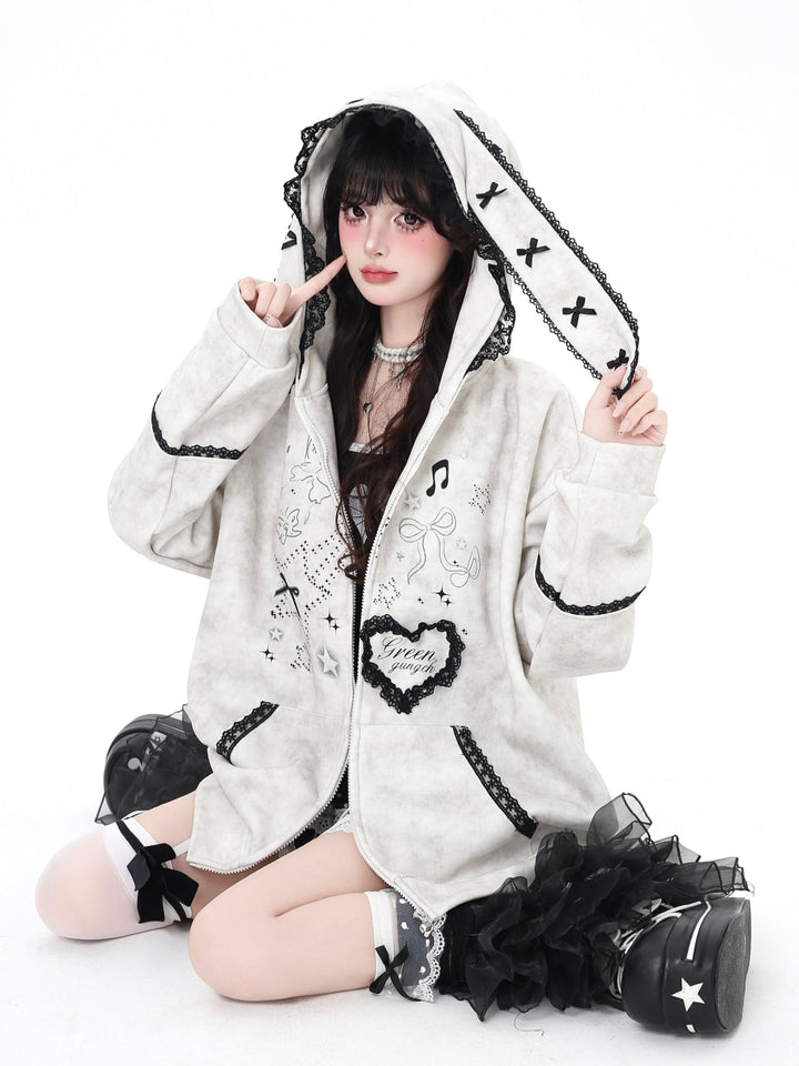 Women's Bunny Ears Hooded Zip Light Gray Jacket