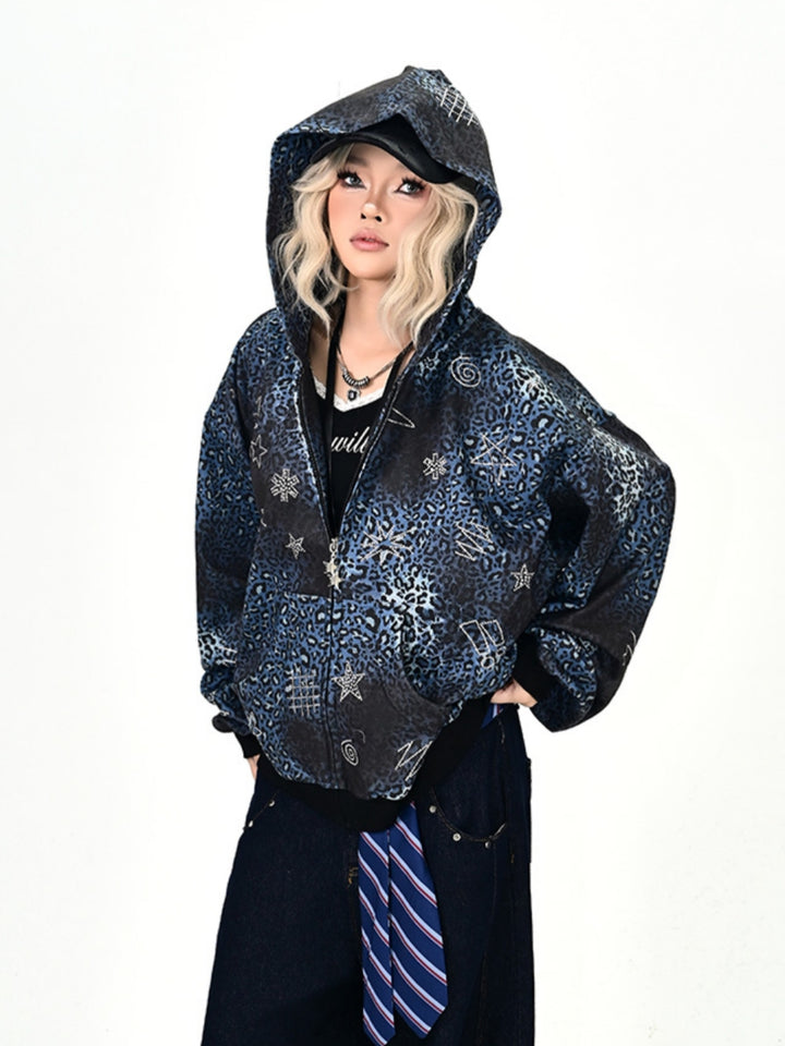 Women's Graffiti Print Zip-Up Hoodie Top