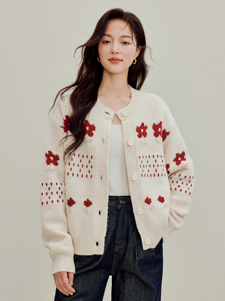 Women's Jacquard Knit Cardigan - Elegant Patterned Open Front Sweater