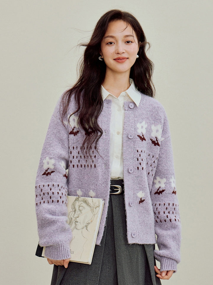 Women's Jacquard Knit Cardigan - Elegant Patterned Open Front Sweater