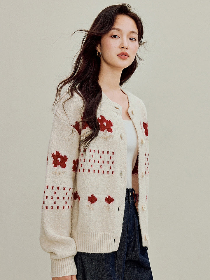 Women's Jacquard Knit Cardigan - Elegant Patterned Open Front Sweater