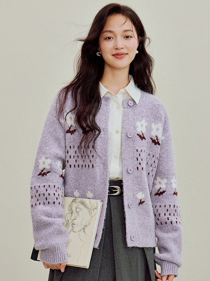 Women's Jacquard Knit Cardigan - Elegant Patterned Open Front Sweater