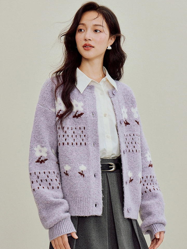 Women's Jacquard Knit Cardigan - Elegant Patterned Open Front Sweater