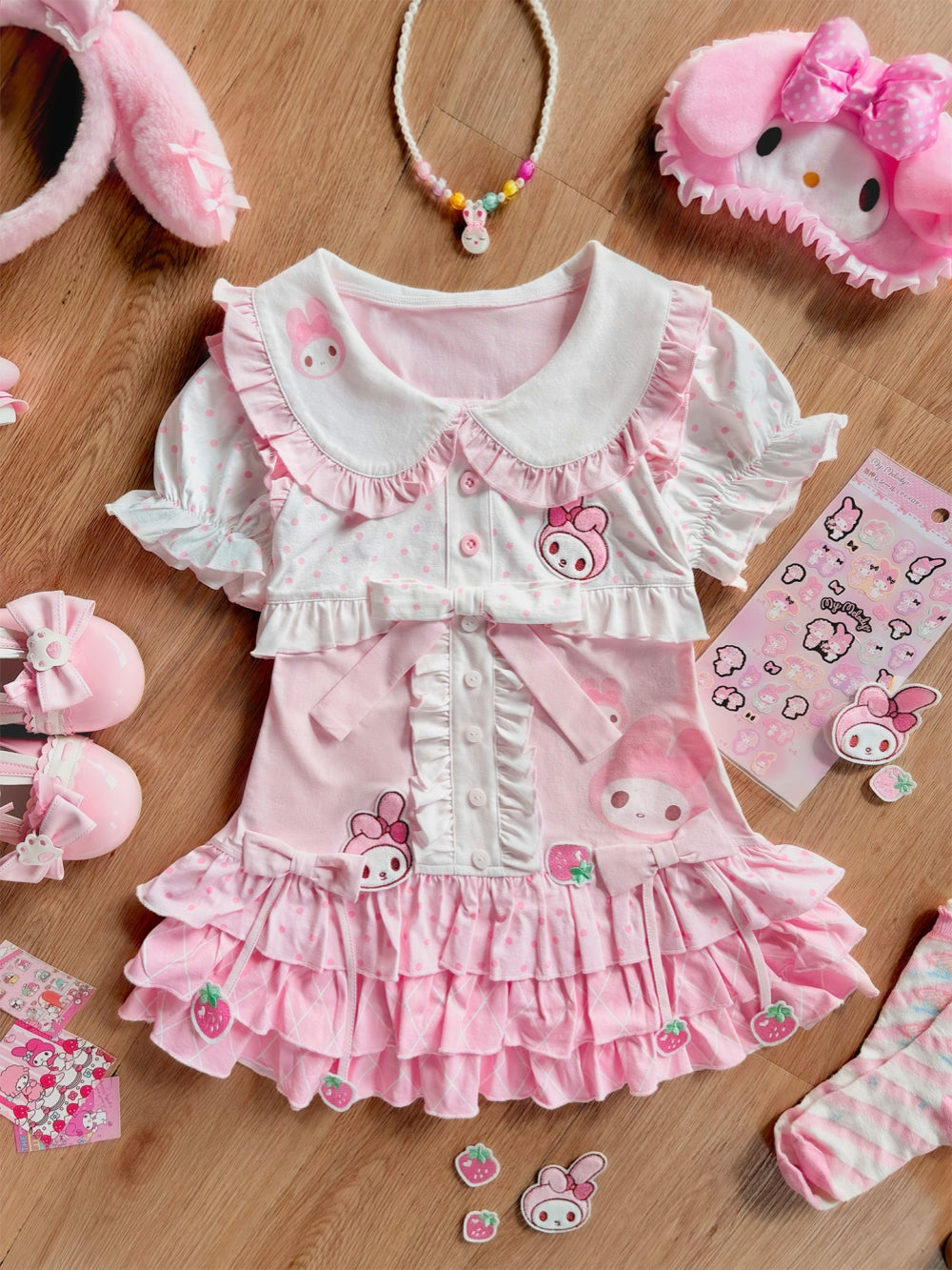 Women's Short Sleeve Ruffle Blouse with Bow Tie and Matching Bloomer Shorts