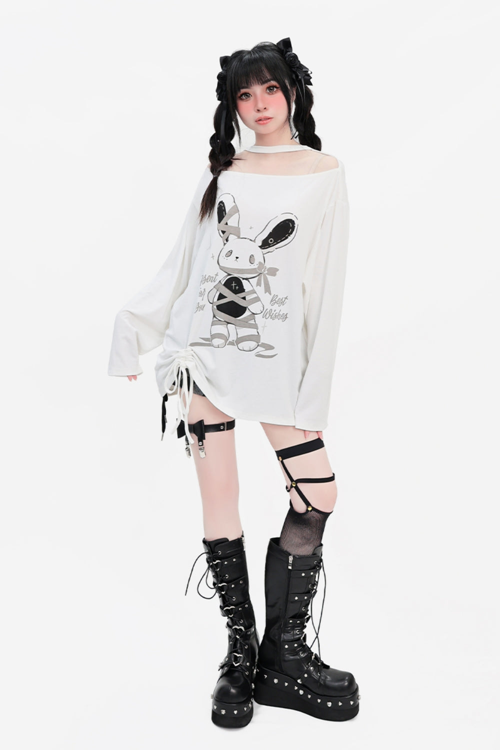 White Off-Shoulder Drawstring Loose-Fit Long Sleeve Thin Top