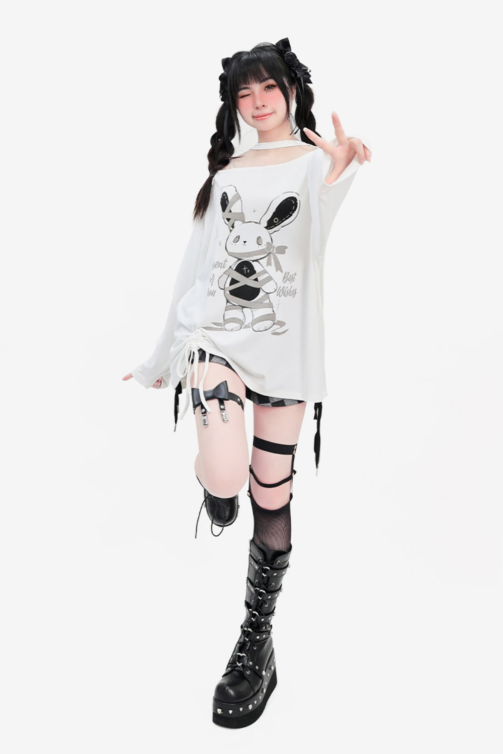 White Off-Shoulder Drawstring Loose-Fit Long Sleeve Thin Top