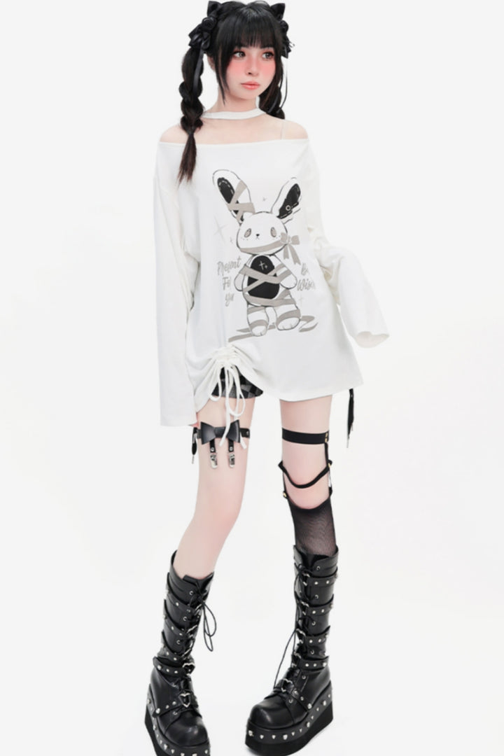 White Off-Shoulder Drawstring Loose-Fit Long Sleeve Thin Top