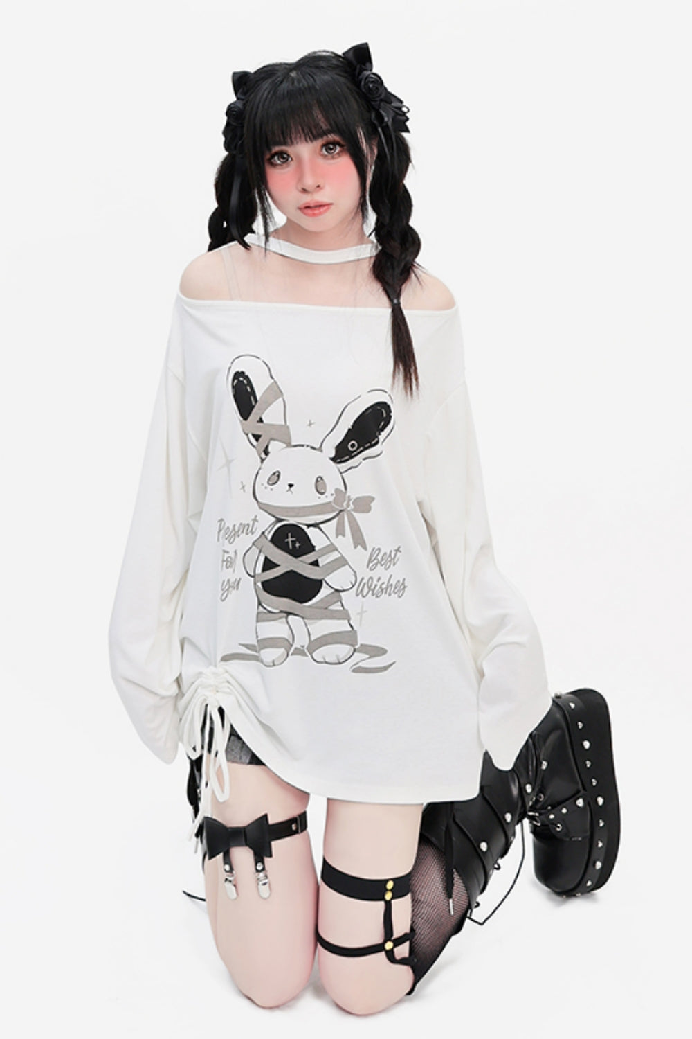 White Off-Shoulder Drawstring Loose-Fit Long Sleeve Thin Top