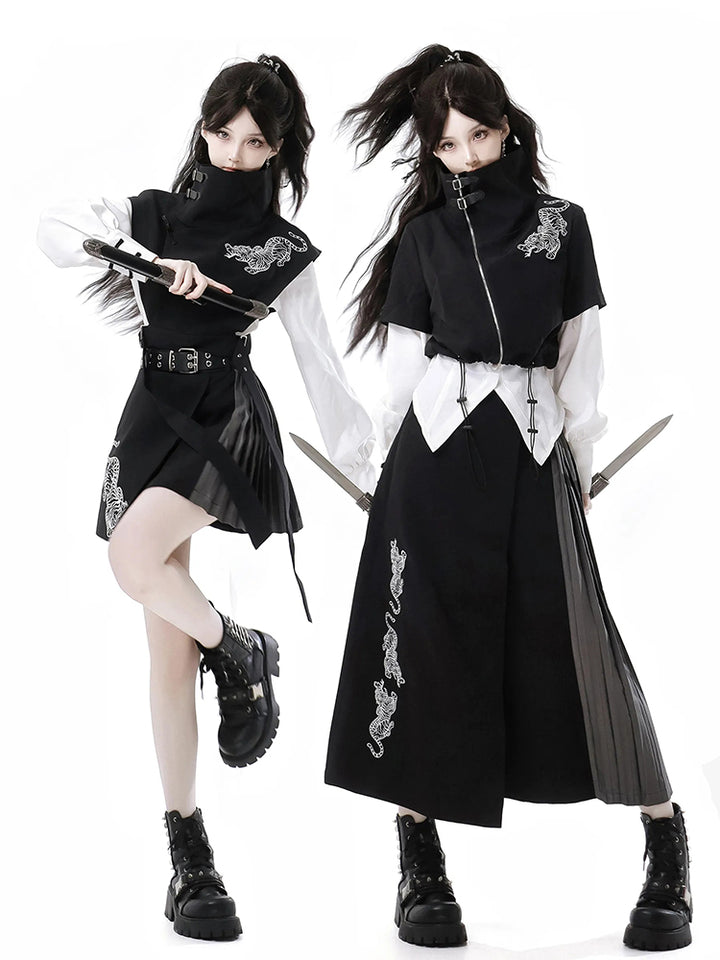 Bold Black Tiger Embroidered Skirt / Pants / White Layered Shirt